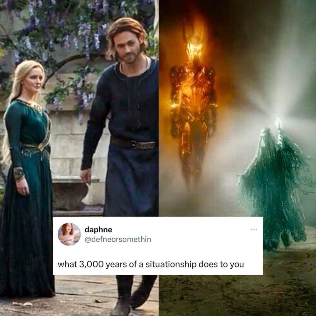 This meme is a humorous take on the idea of a long-term relationship. The image shows a couple from the popular TV show "Outlander" but with a twist: they're both over 800 years old and have been married for that long. The text in the image reads: "What 3,000 years of a relationship looks like."